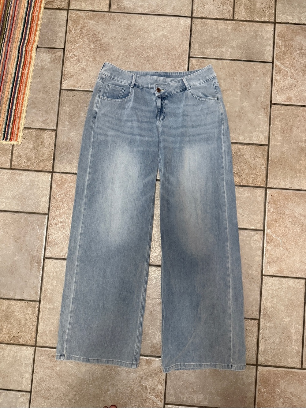 HALARA Light Blue High-Waist Wide Leg Jeans. Medium tall asymmetrical jeans.
